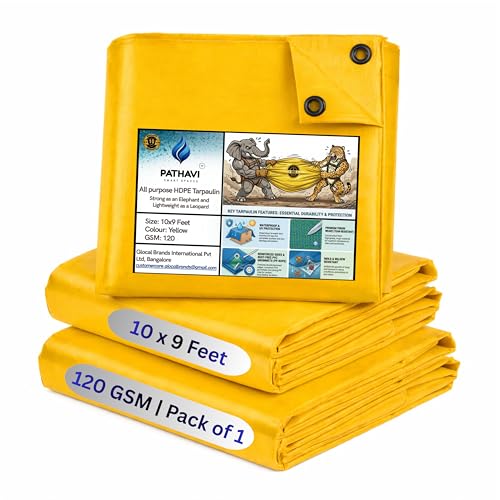 Image of Premium 10x9ft Yellow Tarpaulin, Thadika, 120 GSM Virgin Tharpai Sheet, Heavy Duty Waterproof Tadpatri Cover with Reinforced Eyelets & UV Protection, Ideal for Trucks, Farms & HomeUse, 1 Sheet