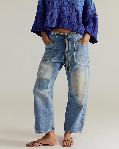 Winioder Baggy Barrel Jeans for Women Y2K Low Rise Wide Leg Drawstring Denim Pants Cute Color Block Patchwork Boyfriend Jeans2