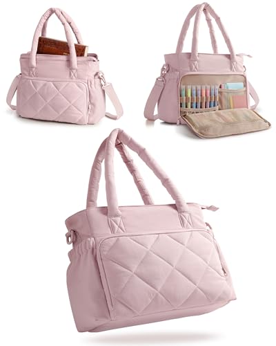 Marscamd Puffer Bible Bag with Crossbody Strap and Water Bottle Pockets Quilted Bible Tote Church Bag for Women with Multiple Pockets Pink