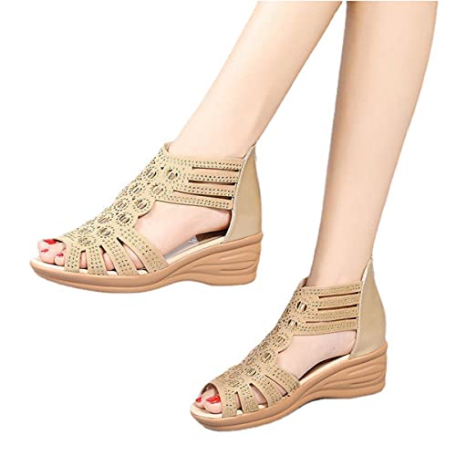 AOVIN Womens Flat Beach Sandals Round Toe Wedge Back Zipper Fashion Peep Toe Hollow Out Causal Shoes (Color : Apricot, Size : 5.5 US)