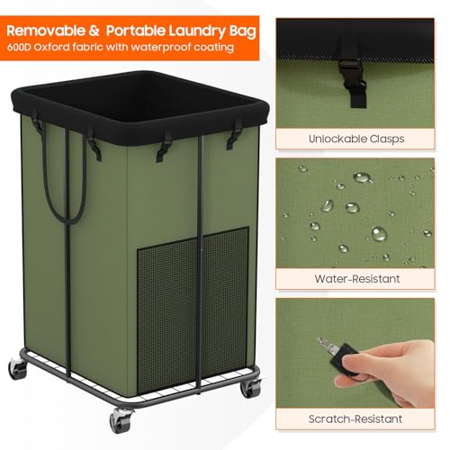 Image of 150L Laundry Hamper with Wheels, Rolling Laundry Basket with Metal Frame and Removable Bag, Large & Tall Dirty Clothes Hampers for Bedroom Aesthetic, Laundry Room, Bathroom, Dorm-Green