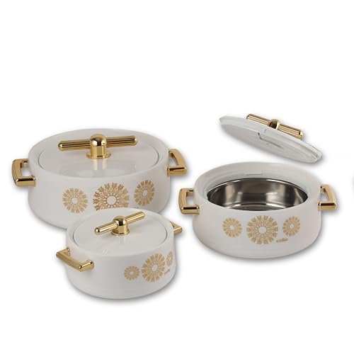 Image of CELLO Jewel NX Insulated Casserole Set of 3 Pcs (500ml, 1000ml, 1500ml) White | Double Wall Insulated Hot Pot Case Keeps Food Hot & Warm for Long Hours, Casserole Hot Pot Set for Roti, Chapati, Rice