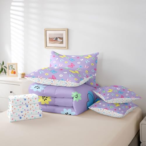 Image of Kids Cute Butterflies 7 Pieces Bedding Set Queen,Colorful Cartoon Floral Bed in a Bag,Kawaii Garden Wildlife Bed Set Includes Comforter,Sheet Set,Pillowcases & Pillow Covers,Cottagecore Bedroom Decor