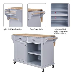 Mobile Kitchen Island on 5 Universal Wheels, Greenguard Gold Certified, Stationary Storage Island with 5 Wood Cabinet Feet, Utility Kitchen Island Cart with Drop-Leaf and Storage for Kitchen (Gray) Mobile Kitchen Island on 5 Universal Wheels Greenguard Gold Certified Stationary Storage Island with 5 Wood Cabinet Feet Utility Kitchen Island Cart with Drop Leaf and Storage for Kitchen Gray