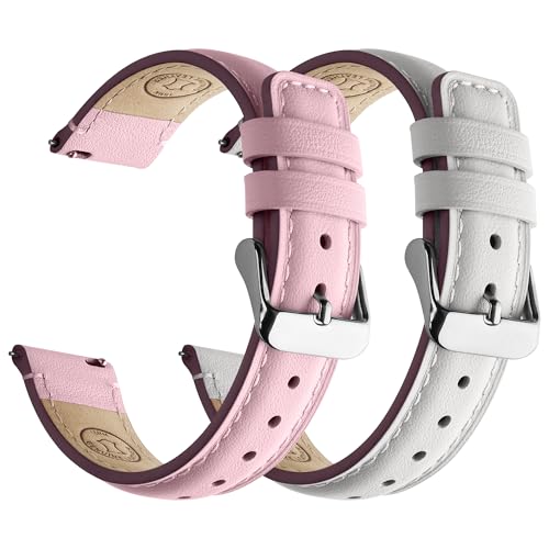 Fullmosa 2 Pack 18mm Leather Watch Bands Quick Release Watch Strap for Men Women, Soft Replacement Strap Wristband with Stainless Steel Buckle,18mm White&Silver/Pink&Silver