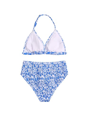 Image of RoseSeek Girl's Tie Dye Smocked 2 Piece Swimwear Sets Backless Halter Bikini Cute Brief Bathing Suit