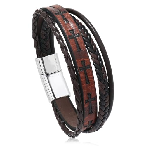 Mens Leather Cross Bracelet Multi-Layer Braided Faith Bracelet Religious Wristband Father's Day 8.5