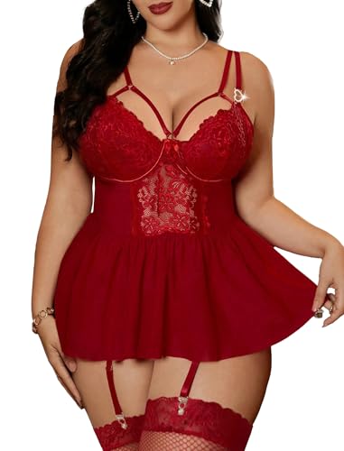 Image of Alrovetoney Plus Size Lingerie For Curvy Women Ruffle Lingerie Set Sexy Lace Lingerie Set Garter Belt With Stockings