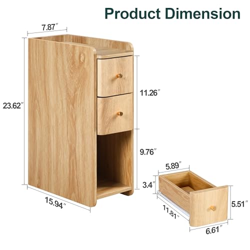 Image of Narrow Nightstand Set of 2, Wooden Small 2 Drawer Nightstand, Slim Side End Table, Skinny Bedside Table, Mid Century Modern Night Stand with Drawers for Bedroom (Natural-2 pcs)