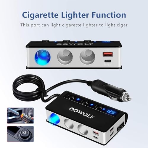 Image of OOWOLF [Upgraded Version] Cigarette Lighter Splitter 2 QUICK CHARGE 3.0, Type-C 12V /24V Cigarette Lighter Adapter, 3-Socket 180W Car Charger Splitter, LED Voltmeter Display Separate Switch