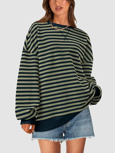 Image of PRETTYGARDEN Womens Striped Oversized Sweatshirt Color Block Crew Neck Long Sleeve Casual Loose Pullover Top Y2K Clothes