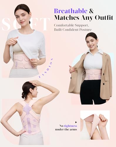 Image of Kepwaa Posture Corrector for Women and Men, 5 Full Back Support Brace Rods, Adjustable Shoulder Straightener, Relief for Upper and Lower Back, Neck, Lumbar, Scoliosis, Hump, Pink, Medium