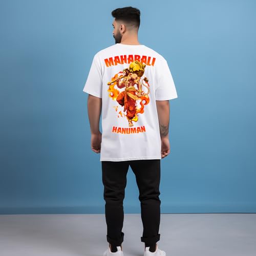 Image of prabhu bhakti Men's Oversized Mahabali Hanuman Printed T-Shirt |Back Print Drop Shoulder Pure Cotton Oversized Tshirt for Men