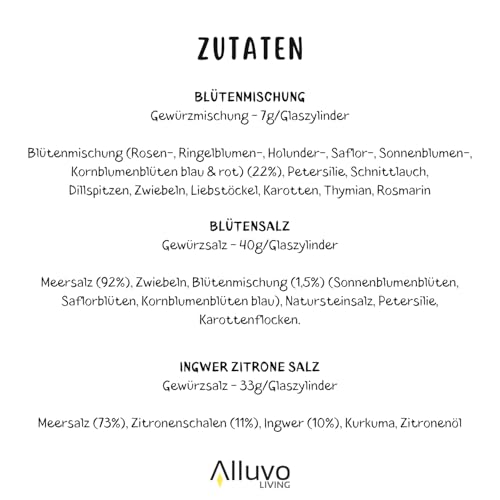 3er Set Gewürze „Ich hab dir Glück gepflückt“, Blütenmischung, Blütensalz & Zitronen Ingwer Salz im Glaszylinder – Feinkost Gewürzset, Geschenkidee zum Geburtstag, als Mitbringsel oder Gastgeschenk