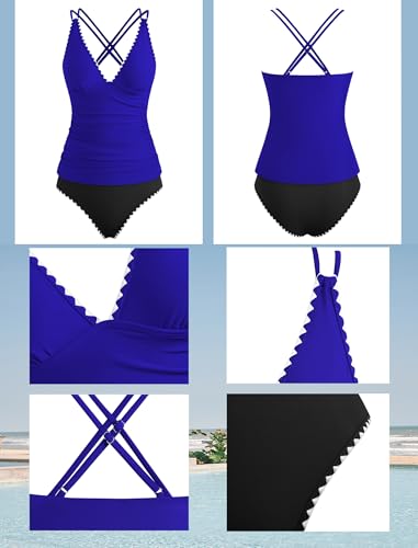 Image of ZAFUL Womens Tankini Swimsuits V Neck Push Up Swim Top Color Block Tummy Control High Waisted Bathing Suits Swim Bottom