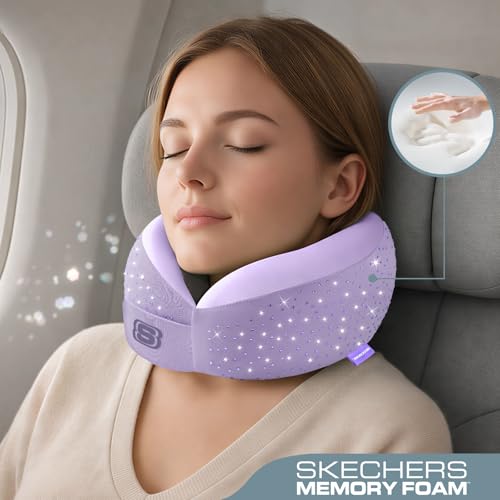 Skechers Oreiller de voyage en strass brillant pour voyage, oreiller de voyage en mousse à mémoire de forme diamant scintillant pour avion, oreiller de voyage pour appui-tête de vol, accessoires d'avion portables, violet – Image 2