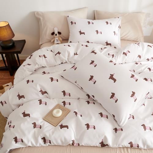 Freyamy Dackel Bettwäsche 135x200cm Mädchen Weiß Rosa Braun Dackelmuster Bettwäsche-Sets Wende Microfaser Kinderbettwäsche ÖKO-TEX Deckenbezug 1 Bettbezug mit Reißverschluss und 1 Kissenbezug 80x80cm