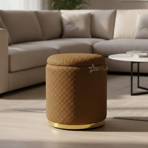 Image of Premium Round Storage Ottoman Stool 13 X 13X 16 inch, with Gold Metal Base | Luxury Pouffe with Hidden Storage | Cushioned Footrest for Living Room, Bedroom & Lounge Brown