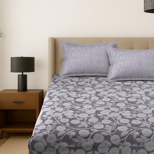 Image of MAFATLAL Plush 140 GSM Double Bed Sheet | Ultra-Comfort Microfiber | Queen 90x100 | Smooth, Soft & Long-Lasting | Lavender Grey