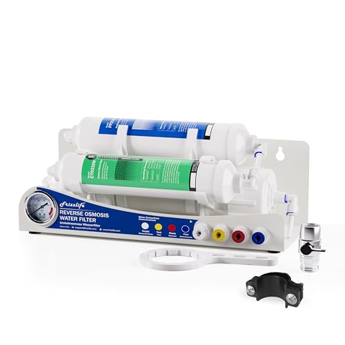 Frizzlife BFRO100 Aquarium Umkehrosmose-System, 3-stufiges Countertop RO Trinkwasser-Filtersystem mit Manometer, kompakt, 100 GPD
