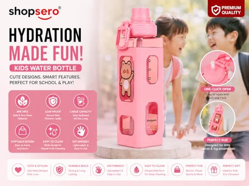 Image of Kawaii Bear Water Bottle with Straw & Stickers - 700ml Cute Square Plastic Drinking Bottle for Girls | Portable Juice /Tea /Sports Bottle | Leak-Proof Pink Bottle (Pack of 1)