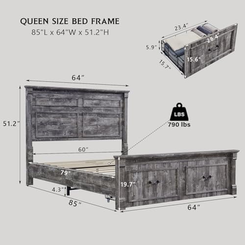 Aitjunz Farmhouse Queen Size Bed Frame with 51" Tall Headboard, Wood Platform Bed Frame with 20" Tall Roman Column Decoration Footboard & 2 Large Storage Drawers, No Box Spring Needed (Light Grey)
