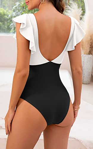 Image of B2prity One Piece Swimsuits for Women Ruffle Sleeve V Neck Bathing Suit Tummy Control Cutout Monokini Slimming Swimwear