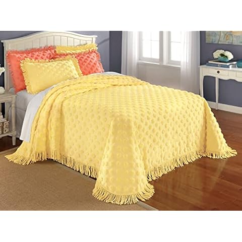 Montgomery Ward Luxurious Chenille Dot Bedspread, Queen Size, Soft Cotton Comforter in Yellow, Cozy and Modern Tufted Design with Fringe Border, Queen Size Chenille Bedspread (Yellow, Queen) Cover