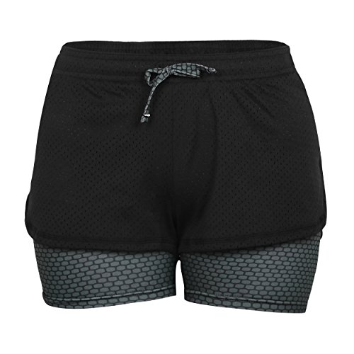 Eizur Women 2 In 1 Shorts Mesh Fitness Yoga Sports Shorts Stretch Breathable Double Layers Active Sport Shorts for Training Gym Workout Size L-Gray