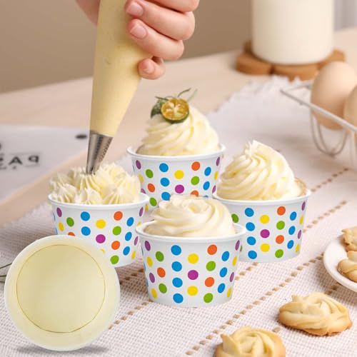 BAIFULAI 50 Stück Eisbecher aus Papier mit Löffel, 200ml Kuchenbecher, Eisschalen Pappe Pappschalen Dessertbechers mit Farbige Punkte für EIS, Dessert, Fingerfood, Joghurt – Bild 4