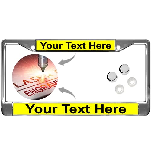 Image of Custom Personalized Chrome-Plated Metal Laser Engraved Standard Size - Car /Automobile License Plate Frame with Free caps - Yellow /Black Text (Qty: 1 Frame)
