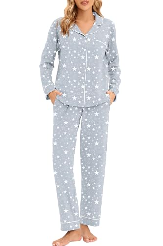 Image of LUBOT 100% Cotton Pajamas for Women Pajama Set 2 Piece PJ Sleepwear Set Soft Ladies Button Knit Long Sleeve Loungewear XS-XXL