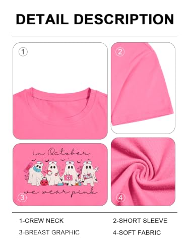 Image of Breast Cancer Shirts for Women Pink Ribbon Shirt Breast Cancer Survivor Tee | Pink Breast Cancer Shirt In October We Wear Pink Tee Breast Cancer Awareness Shirts Halloween Ghost Graphic Short Sleeve Top