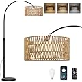 Arc Floor Lamp with Remote, Modern LED Floor Lamp with Dimmable Bulb, Farmhouse Standing lamp with Fabric & Rattan Lampshades, Height Adjustable Black Tall Lamp for Living Room Bedroom