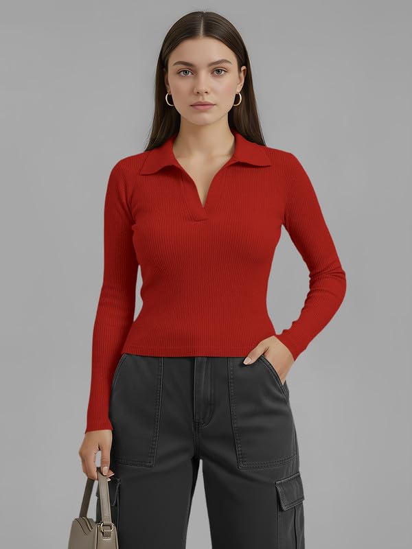 Image of Dream Beauty Fashion Women's Collared Neck Long Sleeve Slim Fit Casual Tee Top for Woman