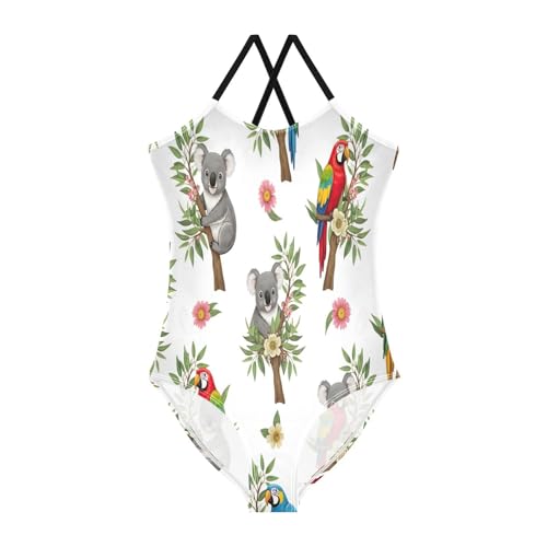 Cute Koalas Parrots White Girls' Swimwear, Beach Swimwear 3-10 Y with Adjustable Shoulder Strap, 3-10 Y