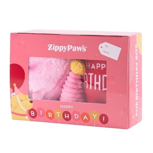 ZippyPaws – 誕生日ボックスギフト 犬用 音が出るおもちゃセット – 3つのおもちゃ、ピンク（Amazon）