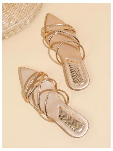 GORGLITTER Women's Metallic Sandals Open Toe Flat Strappy Dressy Fancy Slide Sandals3