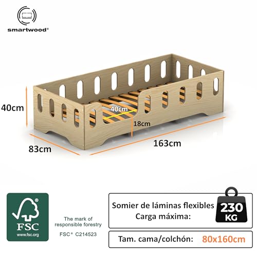 Miniatura 2 de Smartwood Cama Infantil 80x160 - Cama Montessori De Madera Certificada Fsc, Con Barandilla De Protección Y Somier Resistente Hasta 230 Kg - Para Niño Y Niña - Montaje Fácil - Tila 2l