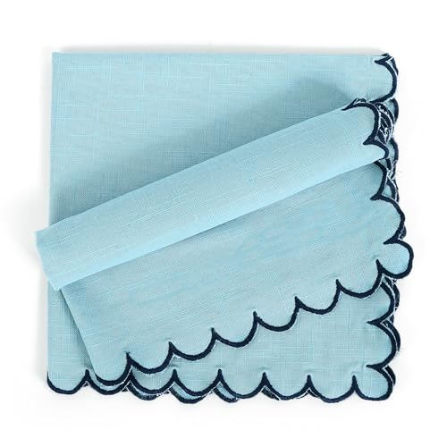 Image of FINGERCRAFT Scallop Edge Cloth Napkins | Set of 6 | 20x20 Inches | 100% Cotton | Table Napkins for Any Occasion | Washable, Perfect for Parties and Everyday Use (Aqua Slub, Set of 6)