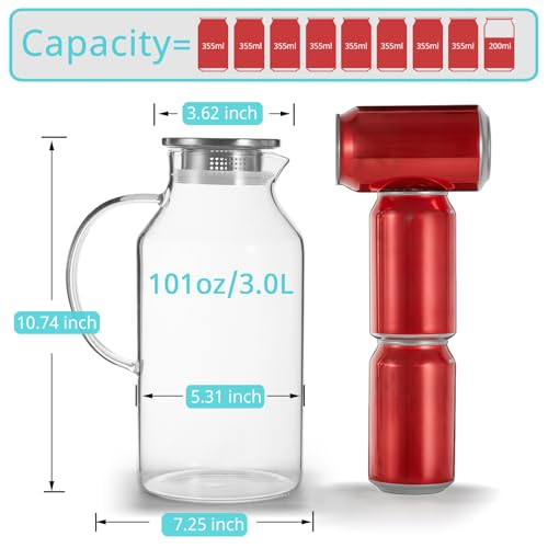 Image of Bivvclaz 3 Liter 101 oz Glass Pitcher with Lid and Handle, Water Pitcher for Fridge, Glass Carafe for Hot /Cold Water, Large Iced Tea Jug for Coffee, Juice and Homemade Beverage