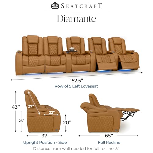 Image of Seatcraft Diamante Tan Oak Italian Leather Home Theater Seating, Zero Gravity Power Recliner Gaming and Home Office Chair Powered Headrest Lounge Sofa Furniture for Cinema Room Row of 5 Left Loveseats