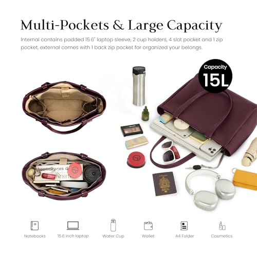 Image of befen Genuine Leather Work Tote Bag for Women with 15 inch Compartment | Real Leather, 15 inch Laptop Sleeve, Trolley Strap, Zipper, Cup Holder