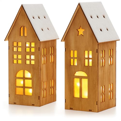 com-four 2 x casas de madeira iluminadas com LED e temporizador 6 h/18 h, decoração de Natal para mesa ou peitoril da janela, ornamento de madeira inverno [seleção variável] (2 x Holzhaus)