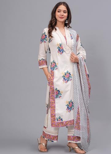 Image of Amayra Women's Pure Cotton Printed Straight Kurta Set with Palazzo Pants & Dupatta- Ethnic Wear, White