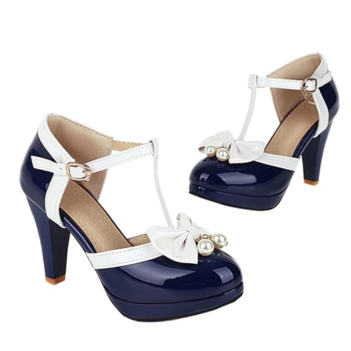 Image of Elbslutt Women's Cute Retro Rockabilly Shoes T Strap Mary Janes Heels Chunky Cosplay Shoes Sweet Block Heeled Bow Pumps