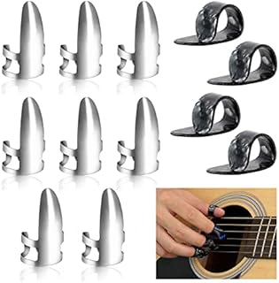 AYNKH 12 PCS Adjustable Pain Resistance Finger Pick Set, 8 PCS Silver Stainless Steel for index finger & 4 PCS Black Marble Pattern for thumb, Guitar Bass Banjo Harp ukulele