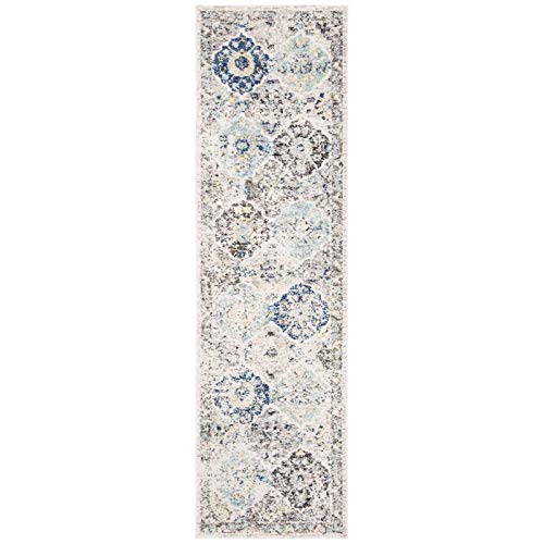 Safavieh Madison Collection 2'3" X 6' Ivory / Aqua Mad611A Boho Chic Floral Medallion Trellis Distressed Non-Shedding Living Room Entryway Foyer Hallway Bedroom Runner Rug #TOP4
