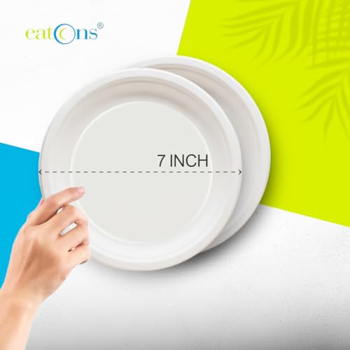 Image of EATONS 7 inch Bagasse Disposable Plates [25 Pack] I Eco Friendly Biodegradable Sugarcane Paper Plates | Appetizer Plate I Quarter Plate I Serve Snacks I Birthday, Wedding, Party I Round I White