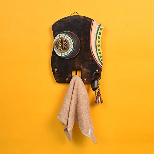 Image of AAKRITI ART CREATIONS Key Holder Handcrafted Tribal Art Alpaca Theme Keys | Rustic Wood Wall Organizer with 4 Hooks | New Home Gifts | Multifunctional Entryway Decor Item